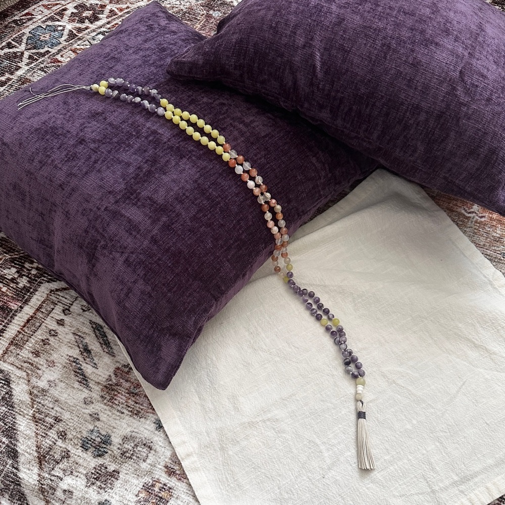 Japa Mala, Amethyst, Sunstone, Madagascar Sakura Agate, Olive Jade beads,
